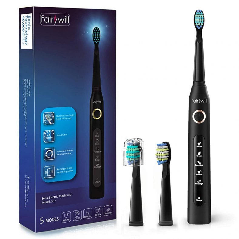 2-Pk Fairywill Electric Toothbrush Powerful Sonic Cleaning w/3 Heads 