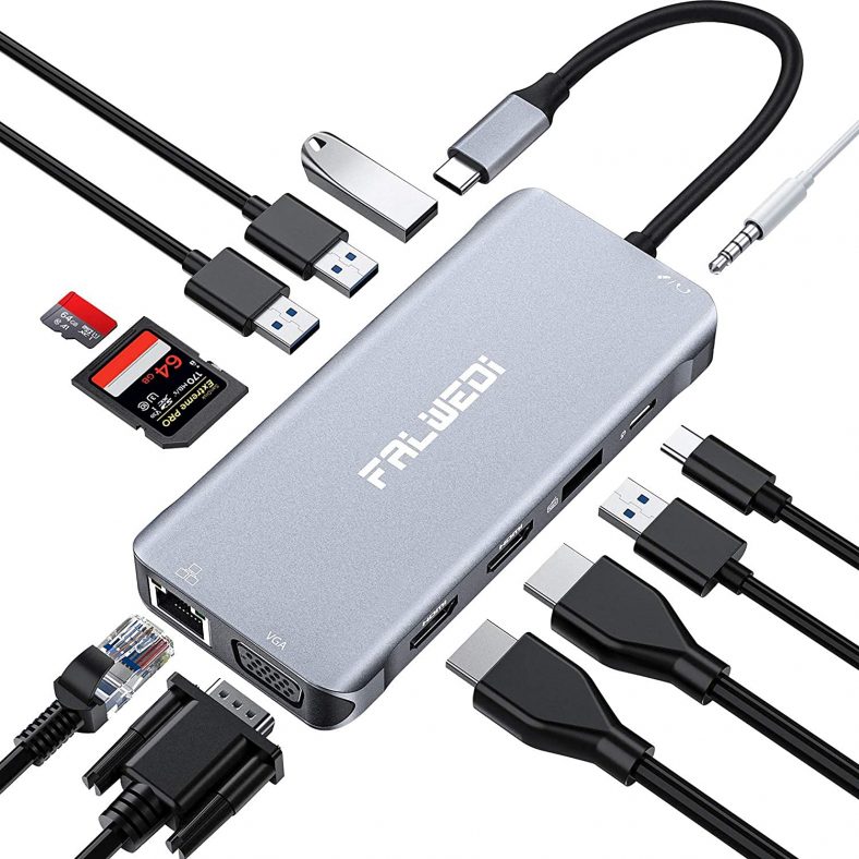 Falwedi Triple Display 12 in 1 USB C Hub with 2 HDMI & VGA
