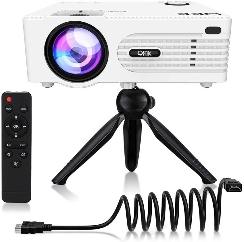 QKK Upgrade 5500Lumens Mini Projector [Tripod Included] for Outdoor Movies 200″ Display Full HD 1080P Supported Portable Projector, Compatible with Phones, TV Stick, PS4, HDMI, AV, Soundbar, Dual USB