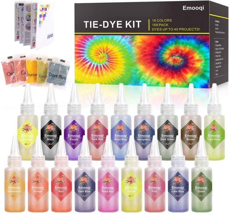 Tie Dye Kits, Emooqi 18 Colours Permanent All-in-1 Tie Dye Set with 36 Bag Pigments, Rubber Bands, Gloves, Apron and Table Covers for Craft Arts Fabric Textile Party DIY Handmade Project