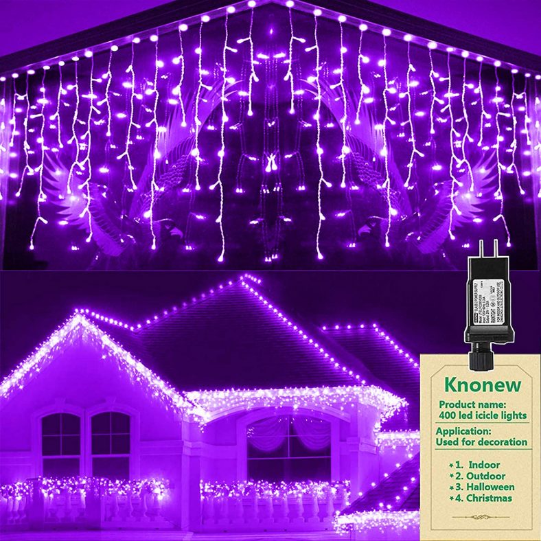KNONEW Fairy Icicle Lights, 400 LED, 32ft 8 Modes Curtain Fairy Light with 75 Drops, Clear Wire String Light Decor for Christmas Thanksgiving Wedding Party Indoor Outdoor Decorations (Crystal Purple)