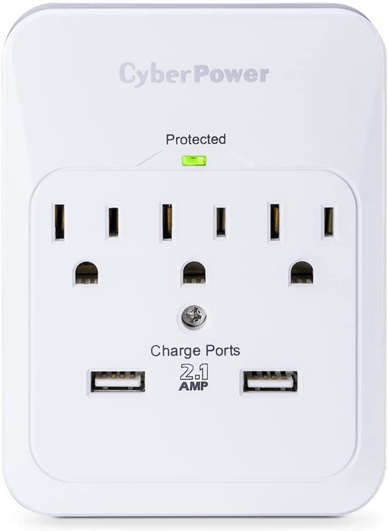 CyberPower CSP300WUR1 Professional Surge Protector, 600J/125V, 3 Outlets, 2 USB Charge Ports (2.1 Amps Shared) Wall Tap Plug, White