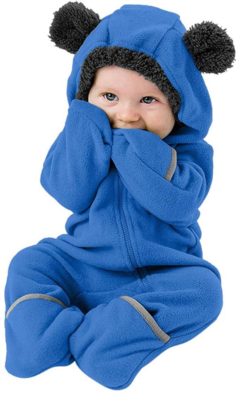Christmas Deals! Newborn Baby Winter Warm Snowsuit Fleece Cartoon Hoodie Romper Jumpsuit Mitten & Bootie Cuffs Outfits (Blue, 0-3 Months)