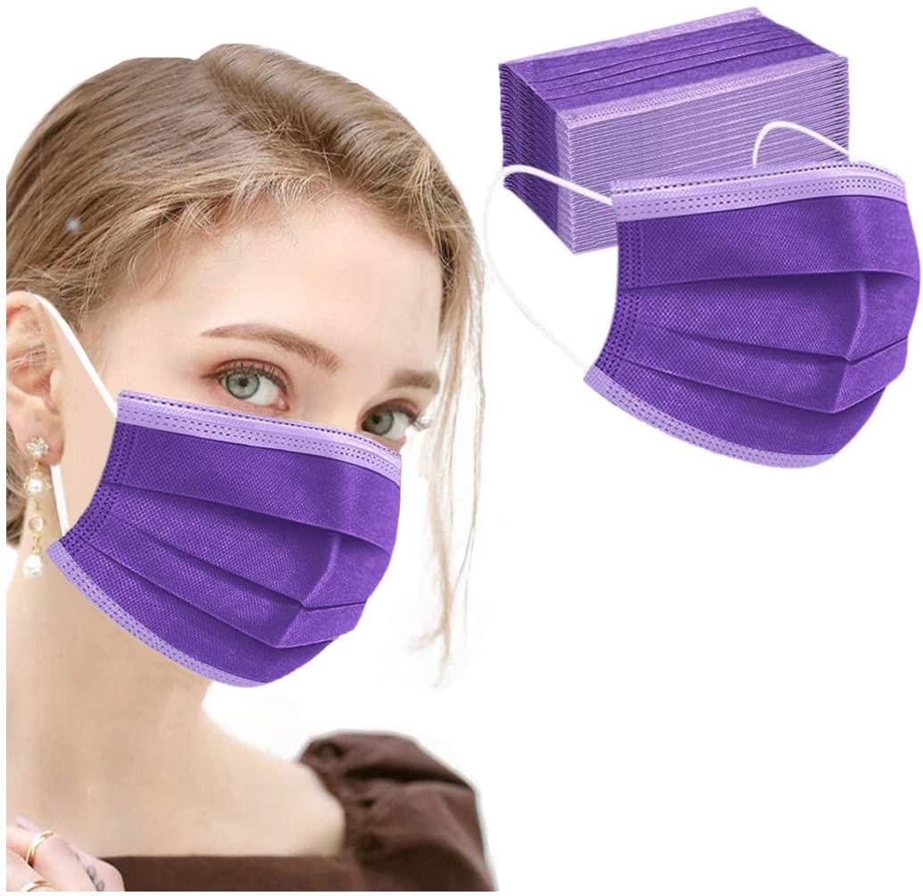 Disposable Macks Breathable Anti Dust Proof 3 Layer Safety Shields For Women and Men,Purple 50 PCS
