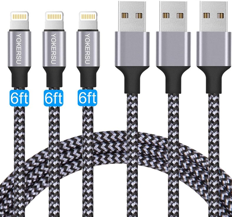 iPhone Charger, YOKERSU Nylon Braided Lightning Cable 3PACK 6ft Extra Long High Speed Data Sync Transfer Charging Cord Compatible with iPhone 11 Pro Max XS MAX XR X 8 7 Plus 6S 6 SE 5S for iPad