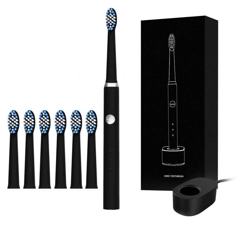 Sonic Electric Toothbrush for Adults, 6 Dupont Brush Heads, 3 Modes, 2-Minute Built-in Timer, Recommended by Dentist, Waterproof, USB inductive Charging, Delicate and Small, Black