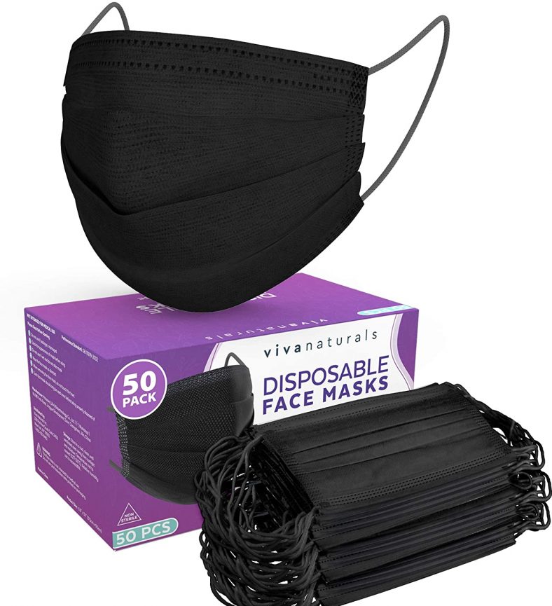 Black Adult Face Masks (50 Pack) – Premium 4-Ply Adult Masks, Black Face Mask Designed with Comfortable Earloops & Adjustable Metal Nose Strip, Non-Medical Disposable Black Mask for Home & Office Use