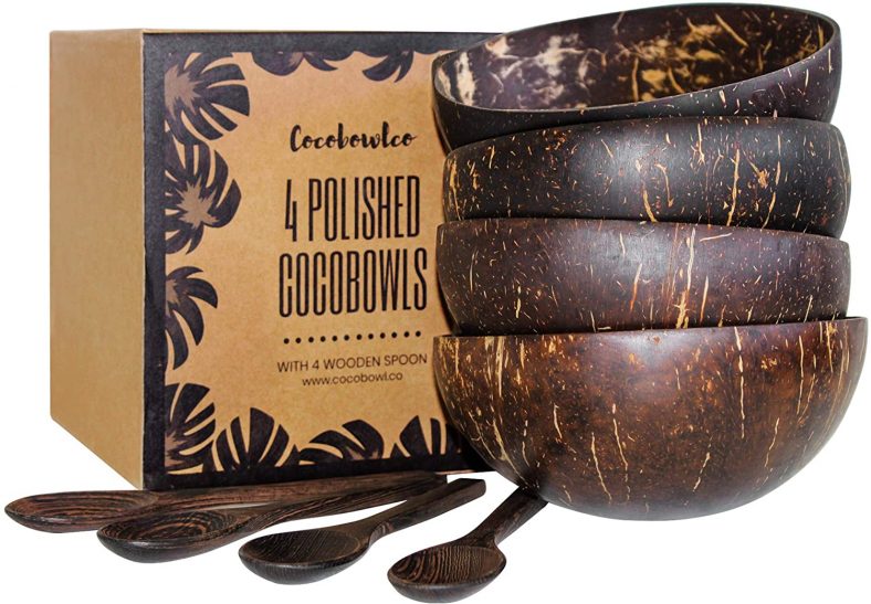 Coconut Bowls And Wooden Spoon Sets of 4