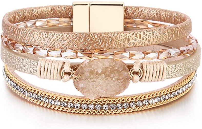 FANCY SHINY Leather Wrap Bracelet Boho Cuff Bracelets Crystal Bead Bracelet with Magnetic Clasp for Women