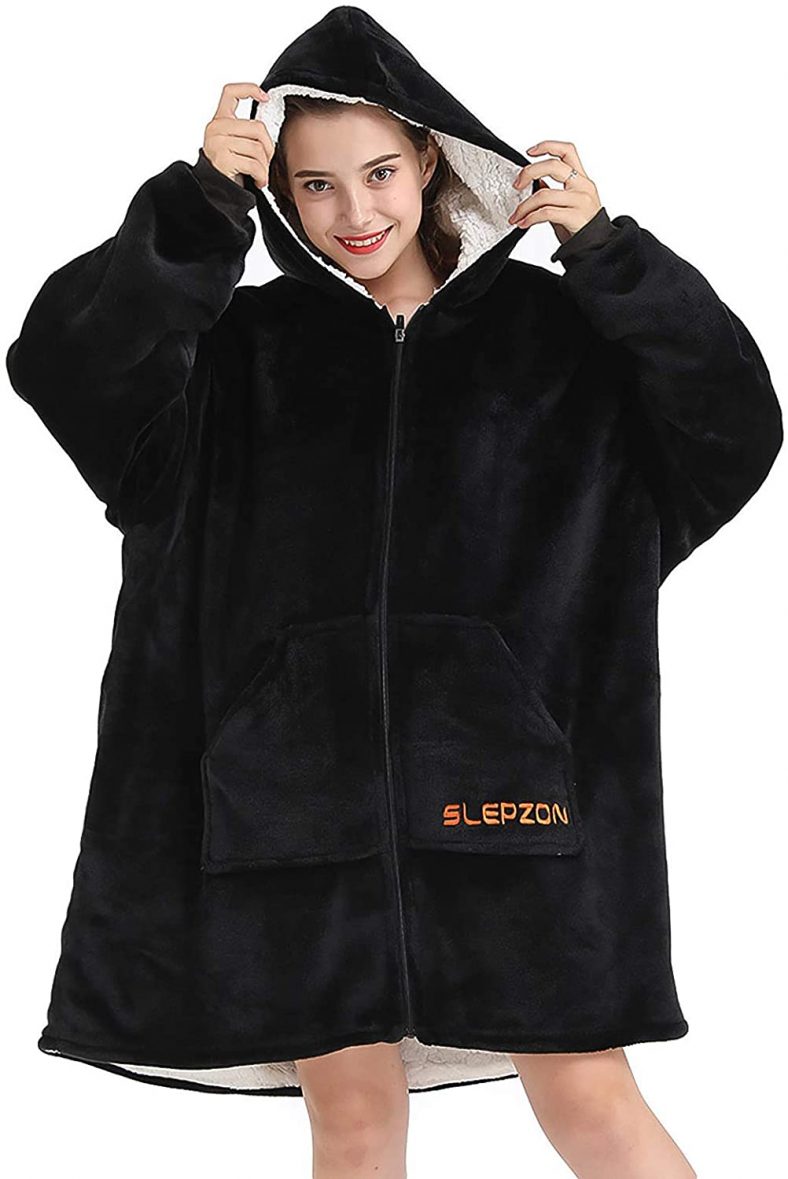SLEPZON Blanket Hoodie | Oversized Wearable Blanket – Deep Pockets, Comfy Sleeves, Front Zipper – Deluxe Fleece Sweatshirt Blanket – Black