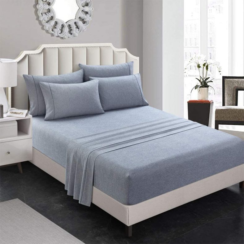 RevenRella 6 Piece Sheet Pillowcases Sets Deep Pocket Soft Cationic Dyed Fabric Colorfast Wrinkle Free 1 Fitted Sheet,1 Flat Sheet,4 Pillowcases(Denim Blue, California King)