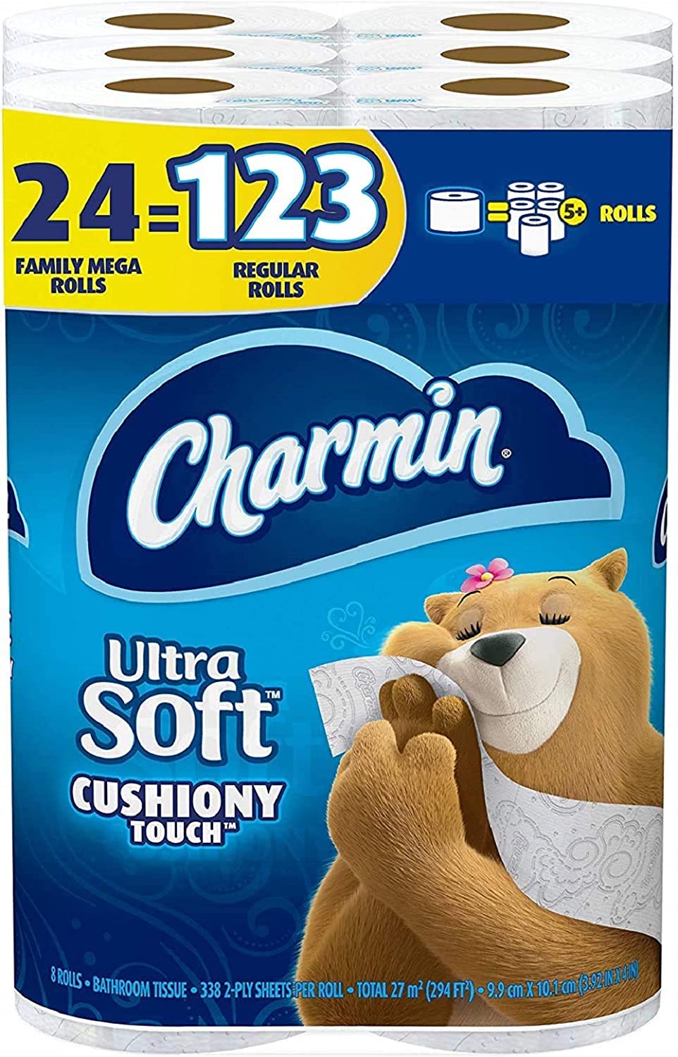 Charmin Ultra Soft Cushiony Touch Toilet Paper, 24 Family Mega Rolls = 123 Regular Rolls