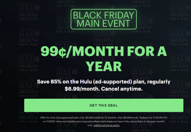 Hulu in just 99 Cents (Black Friday offer)