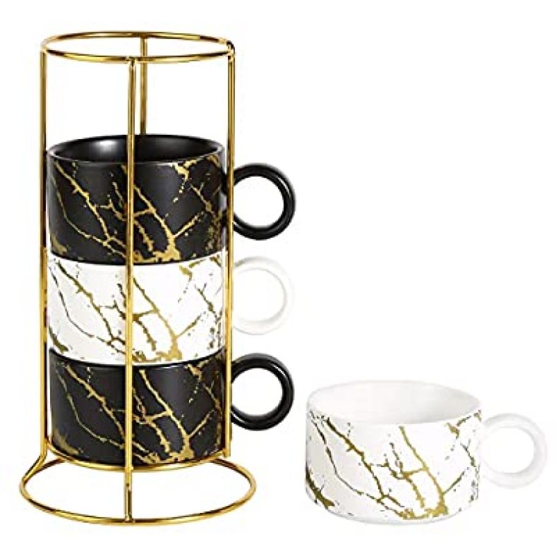 Set Of 4 Porcelain Espresso Cup w/ Saucer & Metal Stand, 6 Oz Stackable $16