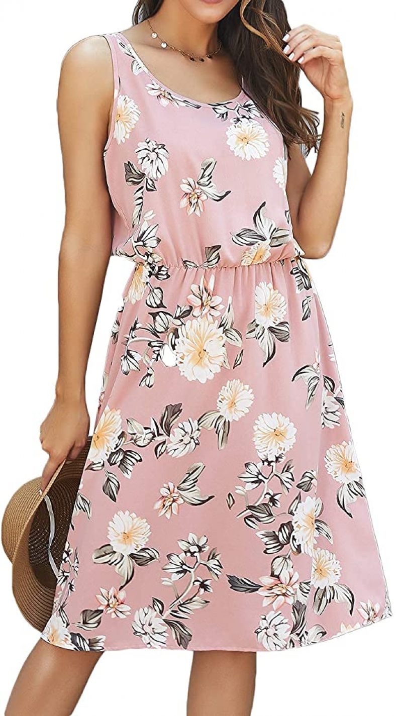 Women Hawaiian Sleeveless Tiered Floral Tunic Dress Elastic Waist Tank Dresses $9