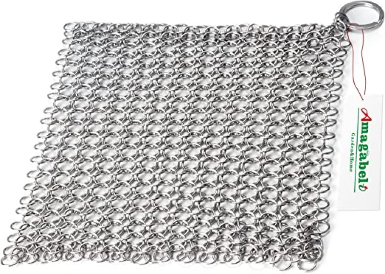 Cast Iron Cleaner 8?x6? Rectangle Chain Metal Scrubber with Hanging Ring 316 Premium Stainless Steel