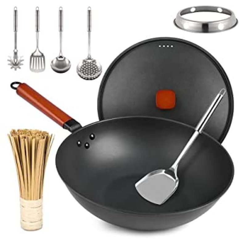 Wok Pan with Lid  13? Nonstick Wok, Carbon Steel Woks & Stir-Fry Pans Set with 7 Cookwares