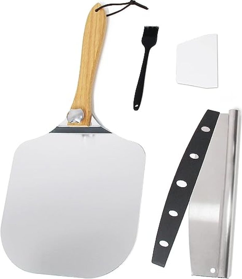 Premium Aluminum Pizza Peel With Foldable Oaken Handle, 12? x 14?, with Pizza Cutter Rocker 14? Blade