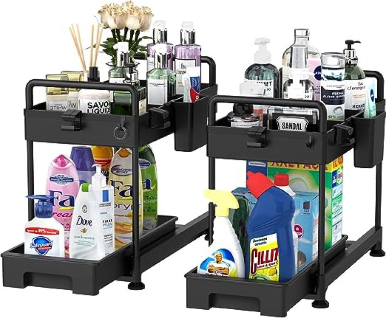 2pk 2-Tier Under Sink Organizer, Sliding Under Bathroom Cabinet Storage Drawer