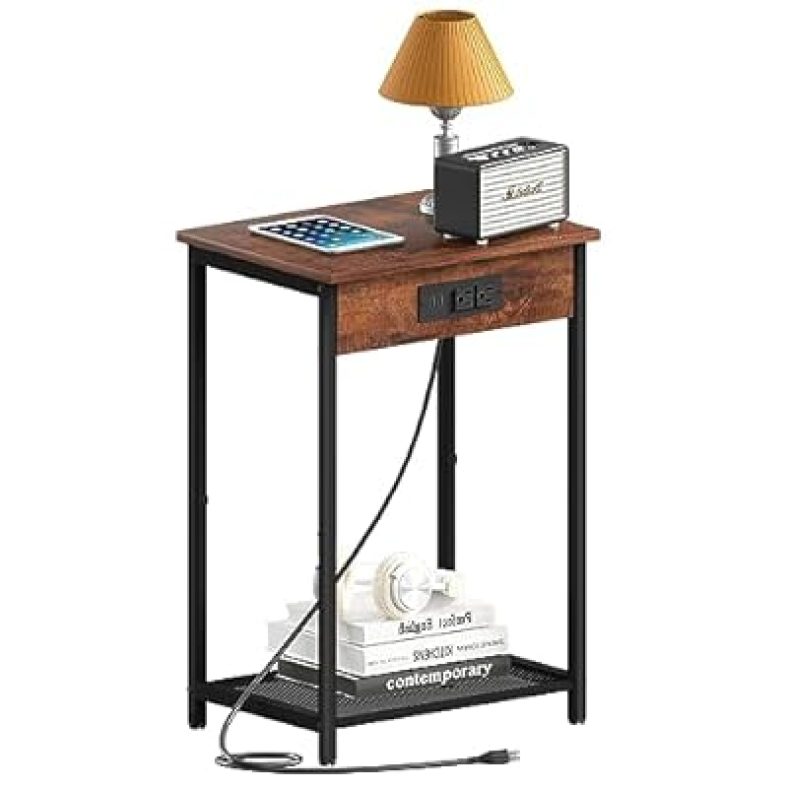 Side Table with Charging Station, End Tables Living Room, Industrial 2 Tier Nightstand w/ USB Ports
