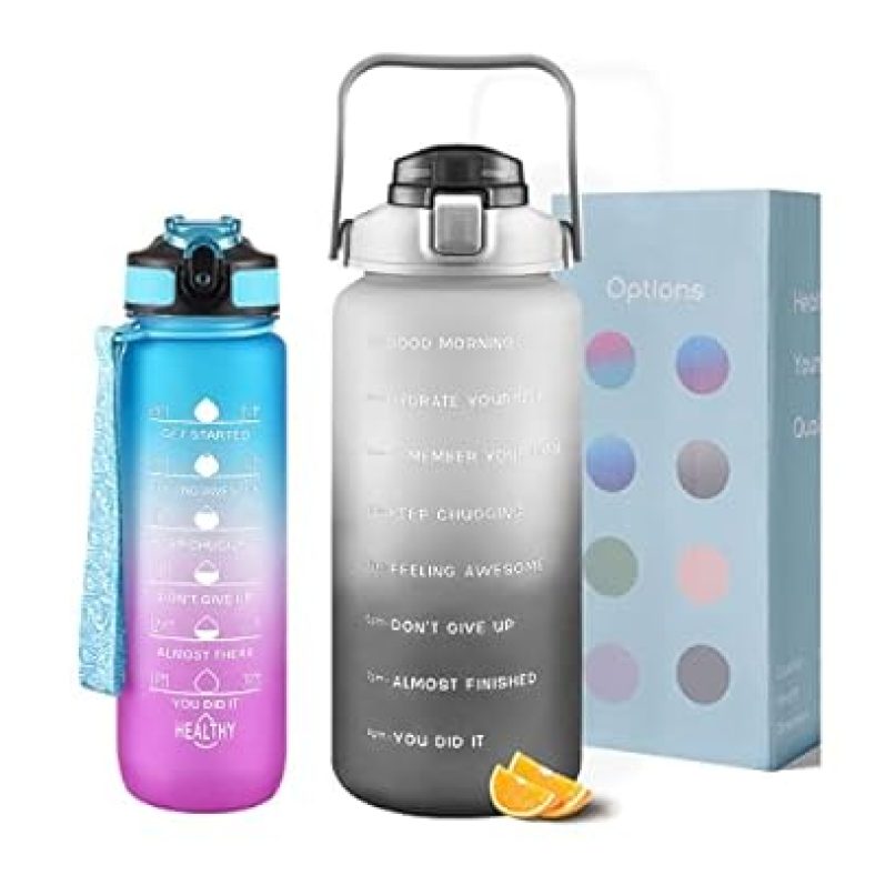 2 Pack Water Bottles 64 Oz + 27 Oz, Sport Water Bottle with Straw & Time Marking