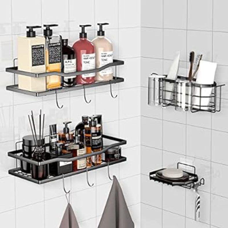 Shower Caddy 4 Pack Shelf with Hooks Storage Rack Organizer, Stainless Steel Adhesive Caddy