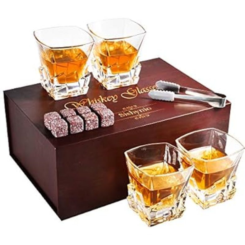 Whiskey Glasses Set of 4 for Men, 10oz with 8 Cube Granite Chilling Stones