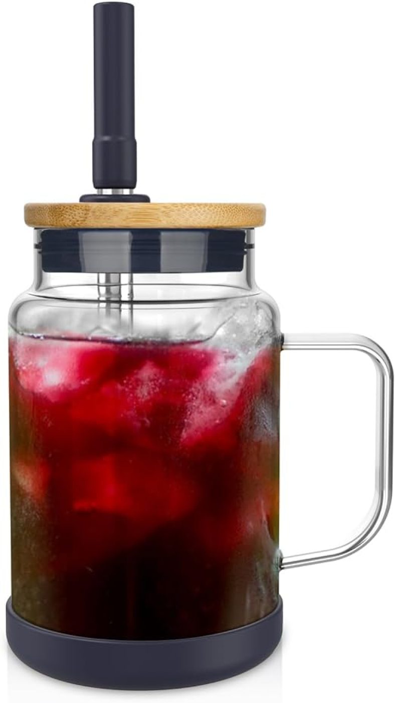22 oz Glass Tumbler with Handle,Glass Water Bottles with Bamboo Lid and Straw,Iced Coffee Cup
