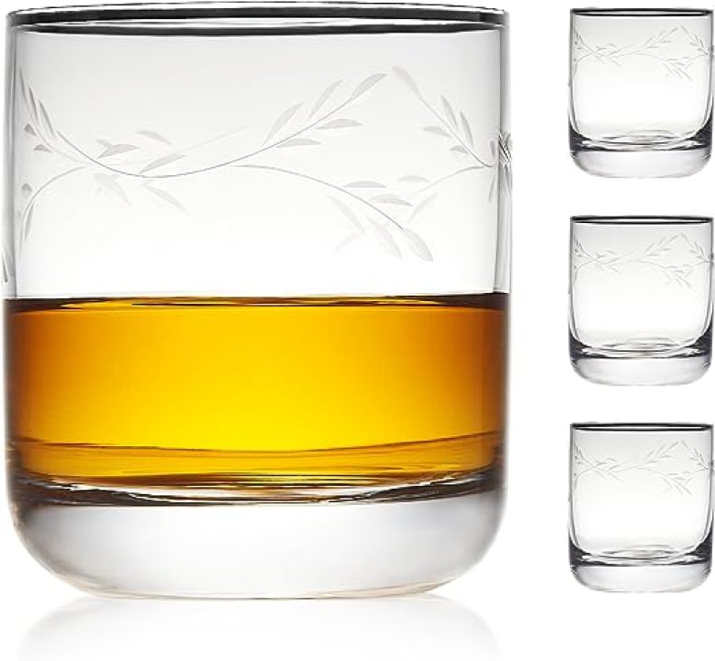4pc Premium engraved floral drinking glasses 9 oz Old Fashioned Tumblers for Drinking Water Scotch