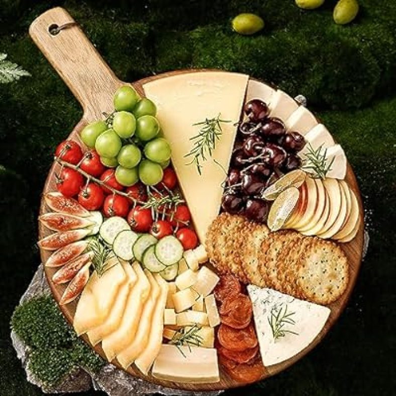 Round Wood Cutting Board with Handle, 12? Acacia Wooden Serving Board for Kitchen