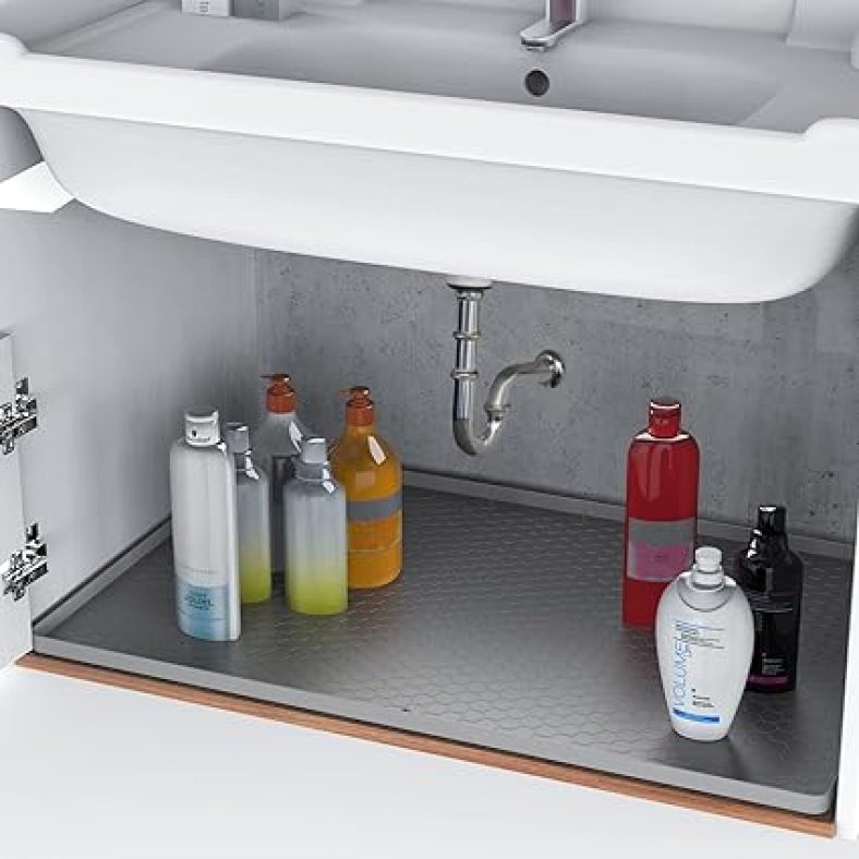 Under Sink Mat  34?x22? | Waterproof Kitchen and Bathroom Silicone Cabinet Tray