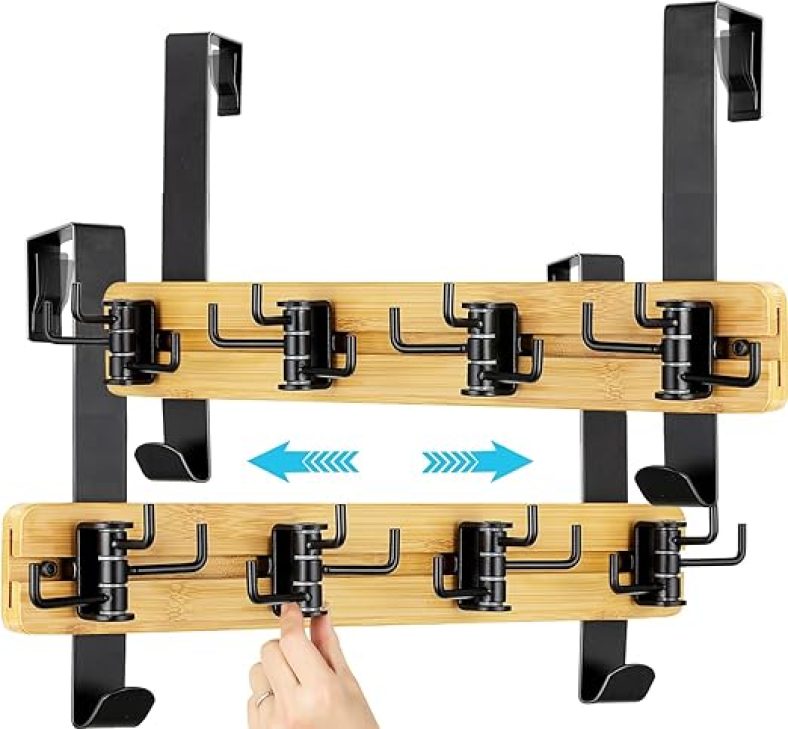 Over The Door Hooks, 2 Pack Slidable Door Hanger w/ 4 Hooks, Heavy Duty Bamboo Towel Rack