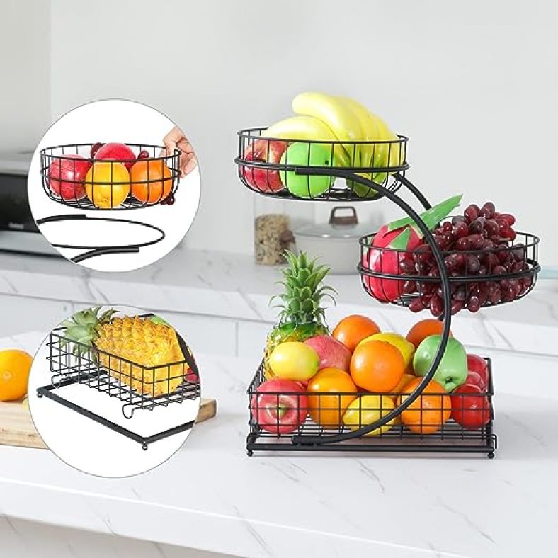 3 Tier Fruit Basket for Kitchen, Metal Wire Fruit Bowl for Kitchen Counter, Detachable