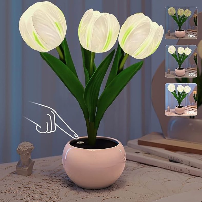 Tulip Table Lamp, Rechargeable Small Desk Lamp Artificial Flower Night Light Bouquet 3 Heads