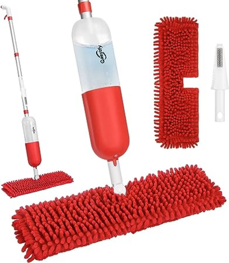 Spray Mop for Floor Cleaning with 2 Washable Double-Sided Microfiber Pads & Scraper 49? Long Handle