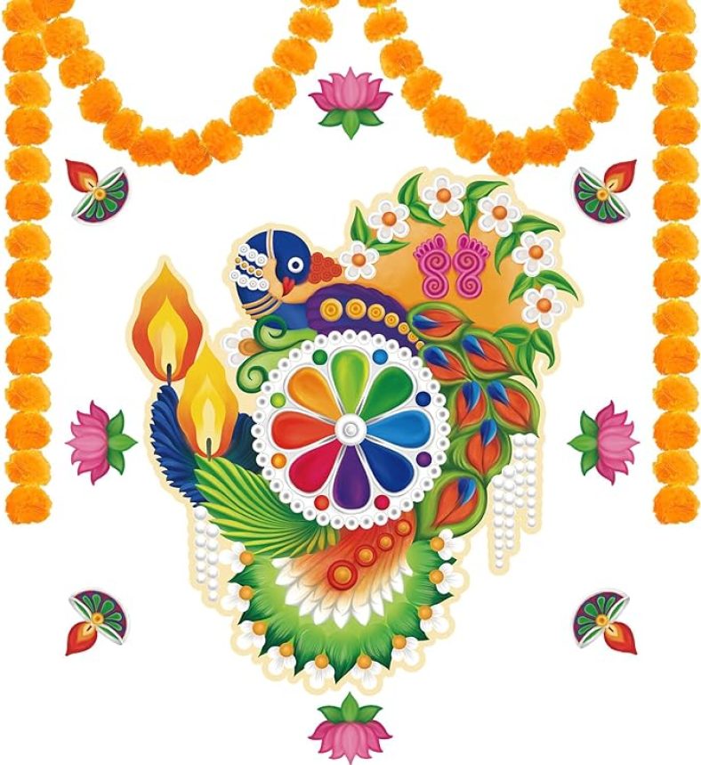 Diwali Rangoli Peel and Stick Floor Tile Stickers for Diwali Gifts w/ Diwali Marigold Garland