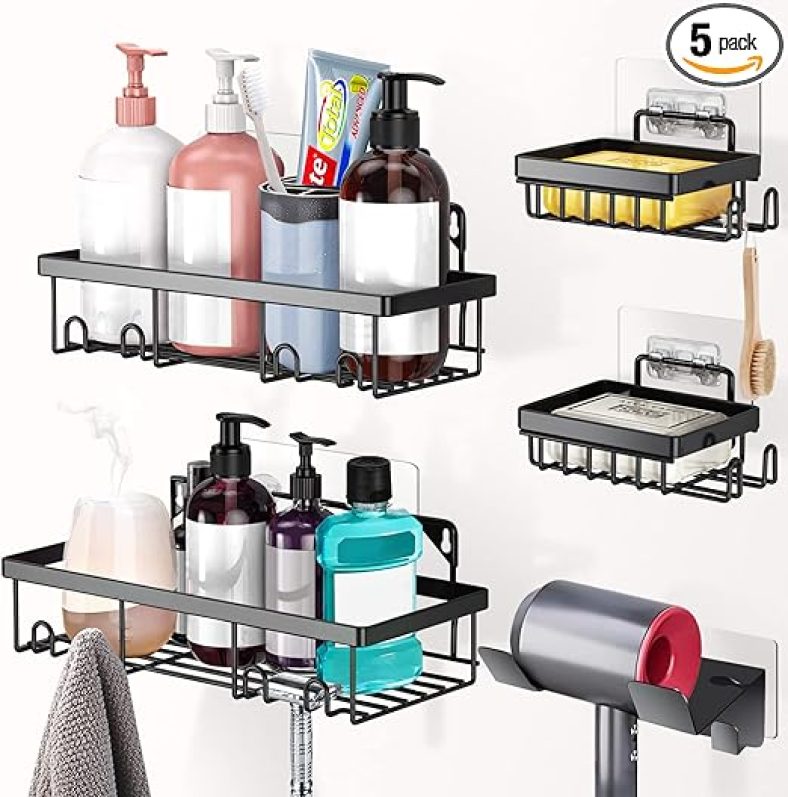 Shower Caddy 5 Pack Shelf with Hooks Storage Rack Organizer, Stainless Steel Adhesive Caddy