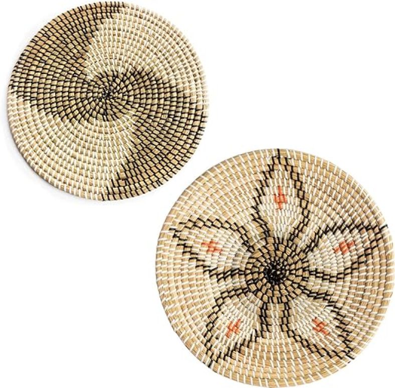 2Pc Woven Wall Basket Decor and Rattan Wall Plate Decor  Rattan Fruit Basket 13.7