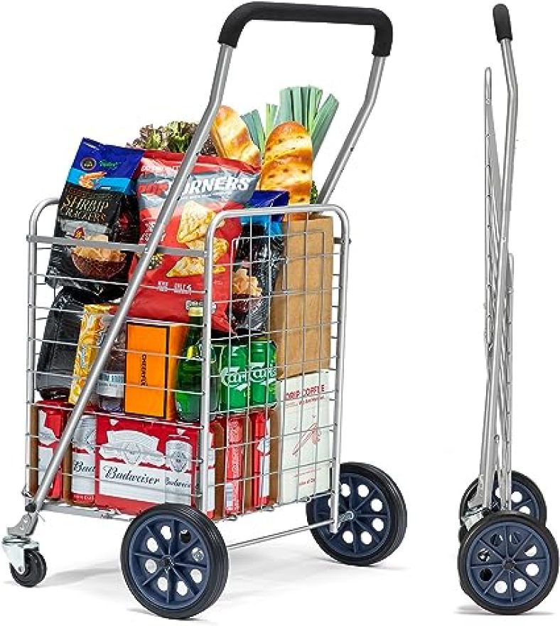Shopping Cart with Dual Swivel Wheels for Groceries  Folding Portable Cart Saves Space
