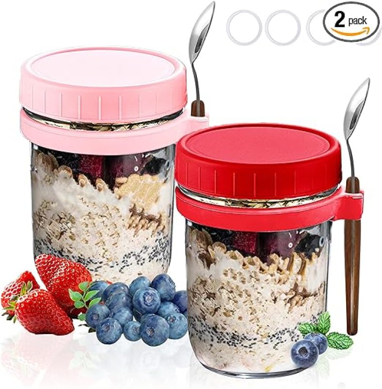 Overnight Oats Containers Jars with Lids And Spoon 16 oz Glass Mason Jars 2 Pack from