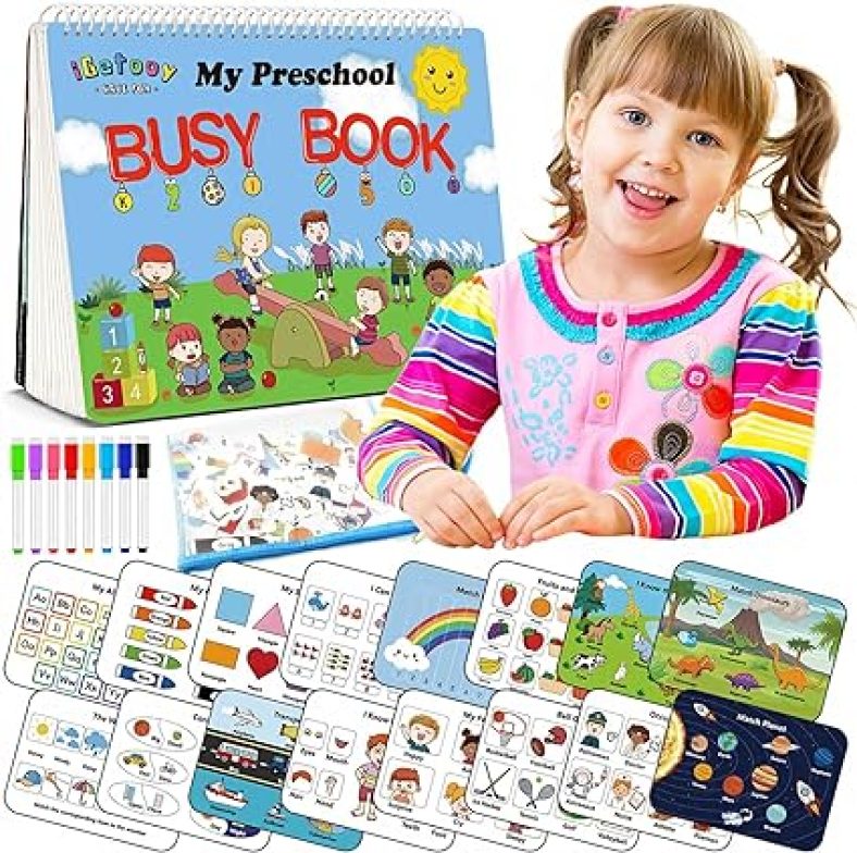 Busy Book with 8 Erasable Color Pens, Montessori Preschool Toys for Toddlers