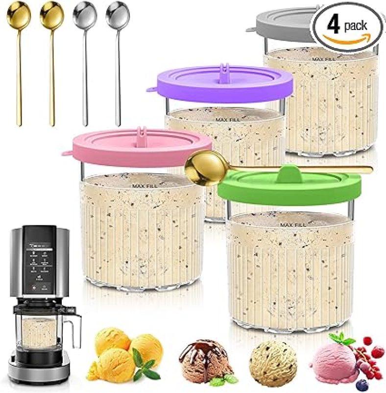 Pint Containers for Ninja Creami with Silicone Lids and Stainless Steel Spoon 4 Pack