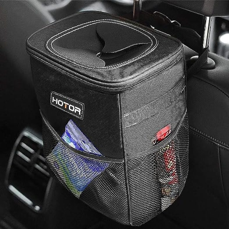 Car Trash Can with Lid & Storage Pockets, 100% Leak-Proof Car Organizer