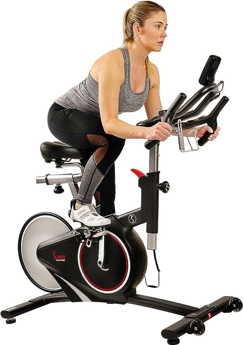 Sunny Health & Fitness Magnetic Rear Belt Drive Indoor Cycling Exercise Bike w/ RPM Cadence Sensor