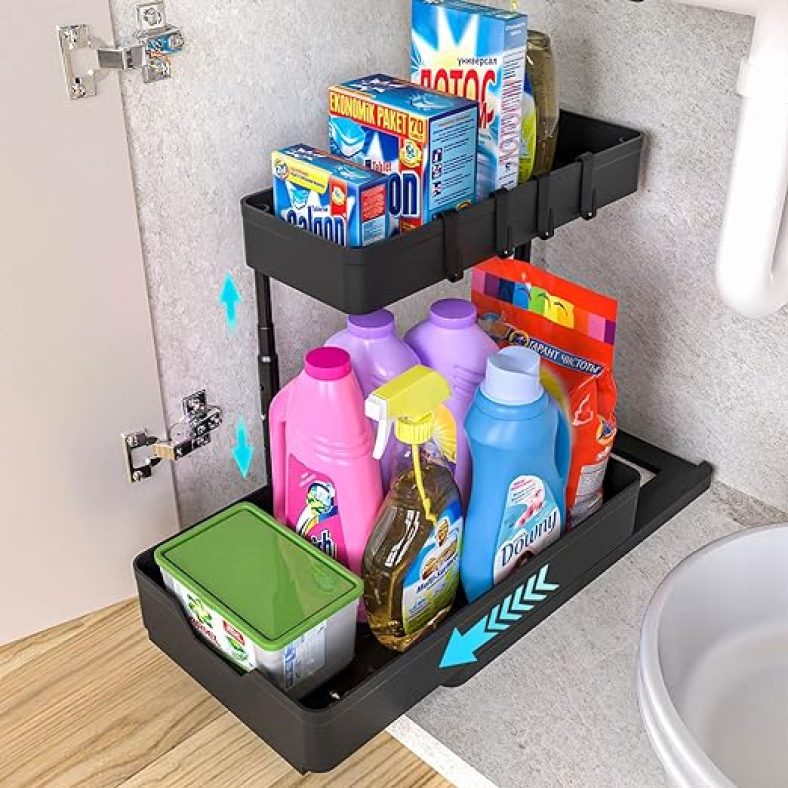 Adjustable Under Sink Organizers and Storage, 2 Tier Under Cabinet Storage w/ Sliding Storage Drawer