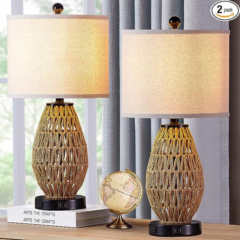 Touch Control Rattan Table Lamps, 3 Way Dimmable Bedside Lamps for Bedroom Set of 2