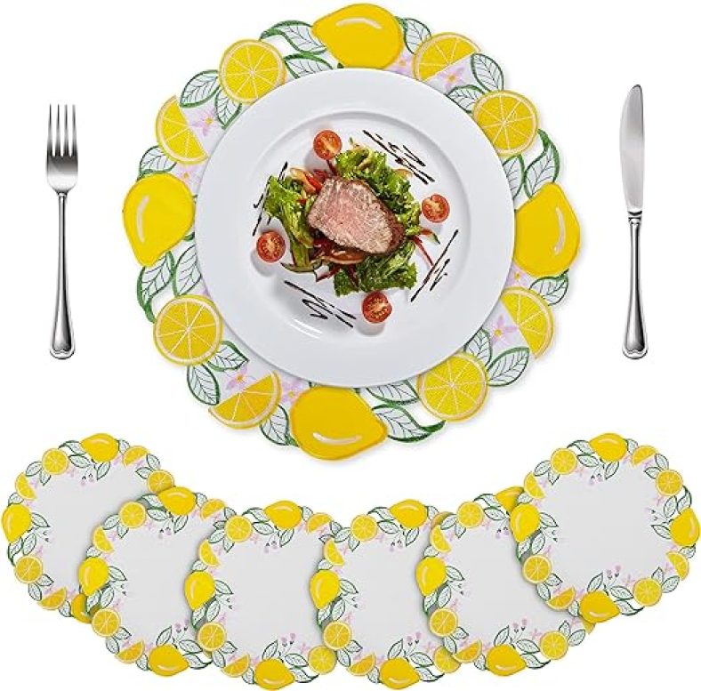 Round Placemats Set of 6 Embroidered Lemon Placemats 15 Inch Washable Table Placemats