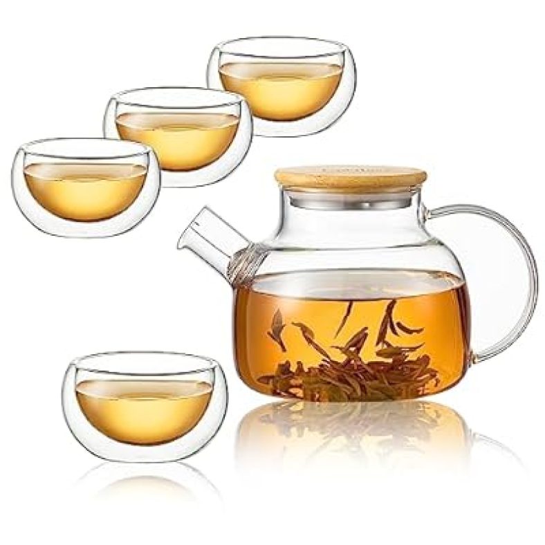 30.4oz Glass Teapot with Bamboo Lid Stovetop Safe and 3.4oz(4-pack) Double Walled Glass Teacups