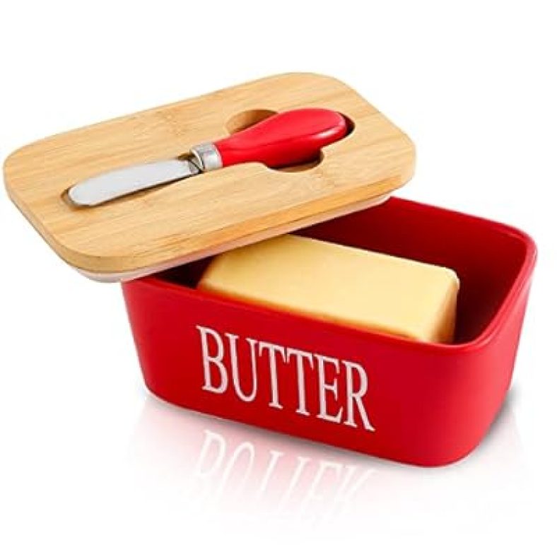 Hasense Porcelain Butter Dish with Bamboo Lid Covered Butter Dish with Butter Knife