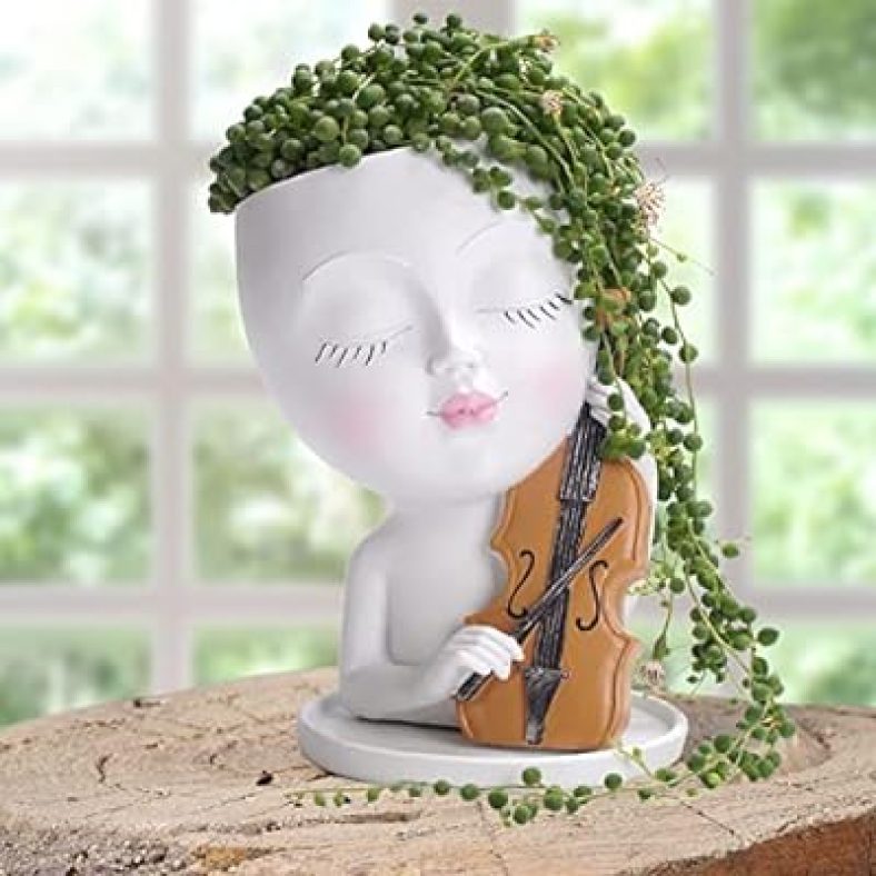 Face Planters Pots Head Cute Unique Lady Violin Planter, for Indoor Outdoor Succulent Plant
